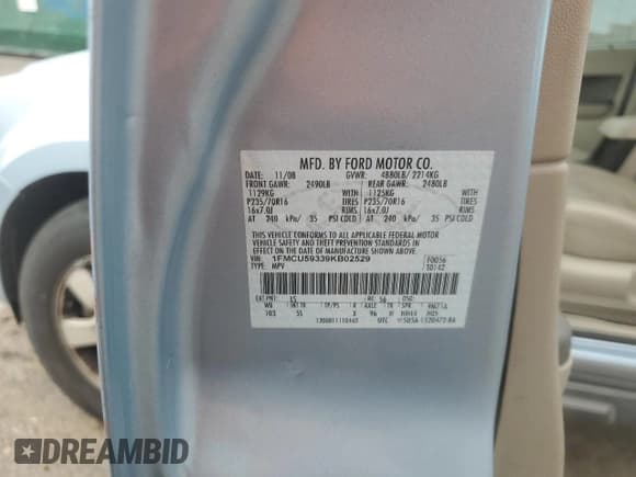 ✅ 2009 Ford Escape Hybrid • VIN: 1FMCU59339KB02529 • Lot: 54928725. Listed on Copart with 169,297 mi. Free auction sales archive from the USA and detailed vehicle history report at DreamBid. Image 14.