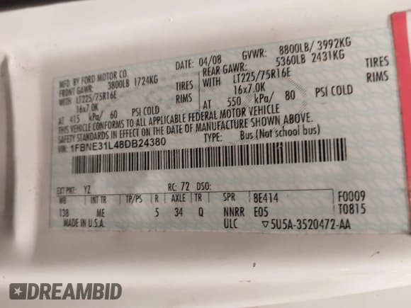 ✅ 2008 Ford Econoline Passenger XL • VIN: 1FBNE31L48DB24380 • Лот: 40357133. Опубликован ранее на IAAI с пробегом 241 539 миль. Бесплатный доступ к архиву аукционных продаж из США и подробный отчёт об истории автомобиля на DreamBid. Изображение 9.