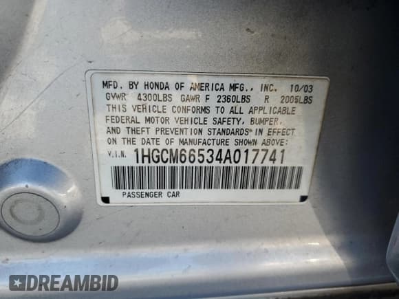 ✅ 2004 Honda Accord EX • VIN: 1HGCM66534A017741 • Лот: 92408425. Опубликован ранее на Copart с пробегом 242 726 миль. Бесплатный доступ к архиву аукционных продаж из США и подробный отчёт об истории автомобиля на DreamBid. Изображение 12.