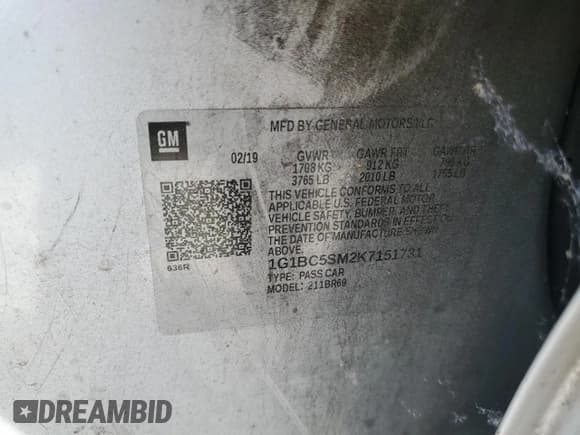 ✅ 2019 Chevrolet Cruze LS • VIN: 1G1BC5SM2K7151731 • Lot: 61159983. Listed on Copart with 102,978 mi. Free auction sales archive from the USA and detailed vehicle history report at DreamBid. Image 12.