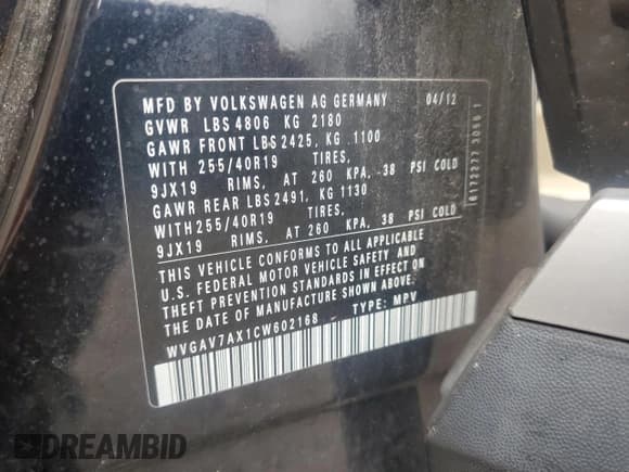 ✅ 2012 Volkswagen Tiguan SE • VIN: WVGAV7AX1CW602168 • Lot: 61219265. Listed on Copart with 130,702 mi. Free auction sales archive from the USA and detailed vehicle history report at DreamBid. Image 13.