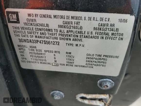 2007 Chevrolet HHR LT с VIN 3GNDA33P47S561272, выставлен на аукционе Copart как лот 76318224 с пробегом Не указан миль и Списание • Salvage title. История ставок и продаж доступна на DreamBid. Изображение 13.