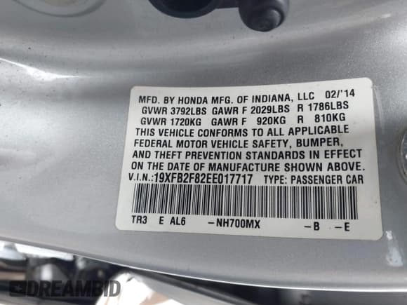 ✅ 2014 Honda Civic EX • VIN: 19XFB2F82EE017717 • Lot: 43116780. Listed on IAAI with 308,652 mi. Free auction sales archive from the USA and detailed vehicle history report at DreamBid. Image 9.