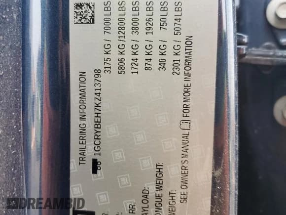 ✅ 2019 Chevrolet Silverado 1500 Custom • VIN: 1GCRYBEH7KZ413798 • Lot: 63088314. Wystawiony na Copart z przebiegiem 53 626 mil. Bezpłatny archiwum sprzedaży aukcyjnych z USA i szczegółowy raport historii pojazdu na DreamBid. Zdjęcie 12.