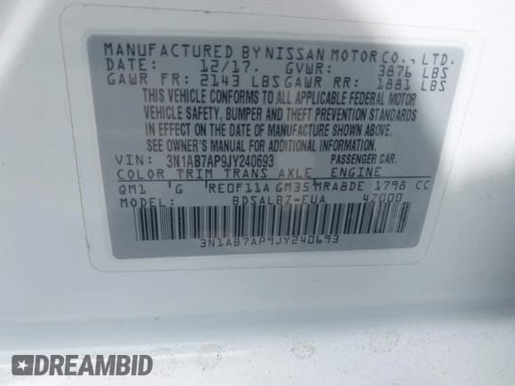 ✅ 2018 Nissan Sentra S • VIN: 3N1AB7AP9JY240693 • Лот: 43055579. Опубликован ранее на IAAI с пробегом 251 298 миль. Бесплатный доступ к архиву аукционных продаж из США и подробный отчёт об истории автомобиля на DreamBid. Изображение 9.