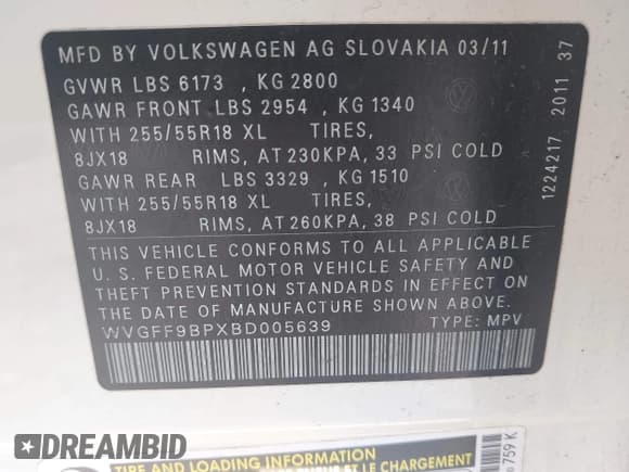 ✅ 2011 Volkswagen Touareg Sport • VIN: WVGFF9BPXBD005639 • Lot: 43065296. Listed on IAAI with 201,148 mi. Free auction sales archive from the USA and detailed vehicle history report at DreamBid. Image 9.