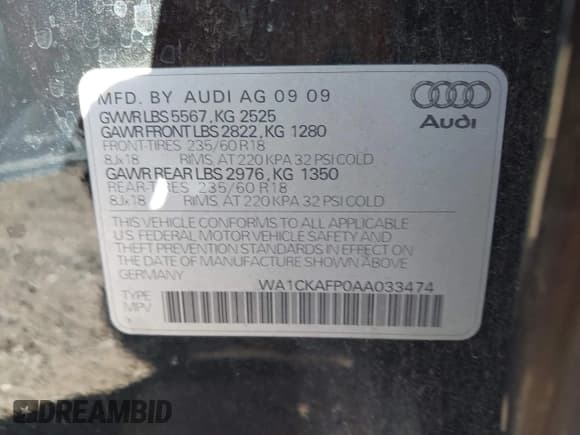 ✅ 2010 Audi Q5 Premium • VIN: WA1CKAFP0AA033474 • Lot: 43645230. Listed on IAAI with 175,960 mi. Free auction sales archive from the USA and detailed vehicle history report at DreamBid. Image 9.