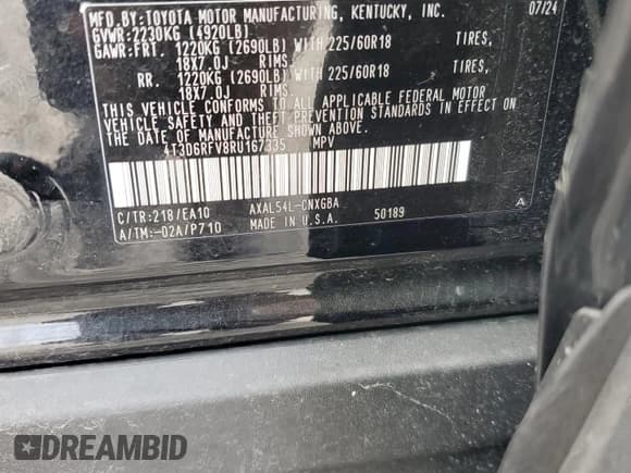 ✅ 2024 Toyota RAV4 Hybrid Limited • VIN: 4T3D6RFV8RU167335 • Lot: 85822335. Listed on Copart with 12,026 mi. Free auction sales archive from the USA and detailed vehicle history report at DreamBid. Image 13.