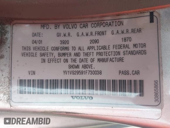 ✅ 2001 Volvo S40 • VIN: YV1VS29591F730038 • Lot: 43004954. Listed on IAAI with 113,834 mi. Free auction sales archive from the USA and detailed vehicle history report at DreamBid. Image 9.