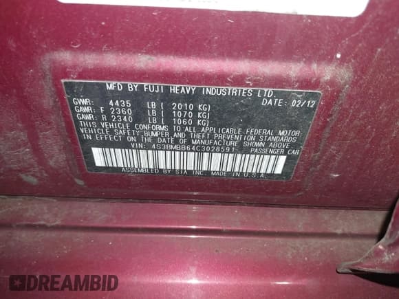 ✅ 2012 Subaru Legacy Premium • VIN: 4S3BMBB64C3028591 • Lot: 43889443. Listed on IAAI with 141,232 mi. Free auction sales archive from the USA and detailed vehicle history report at DreamBid. Image 9.