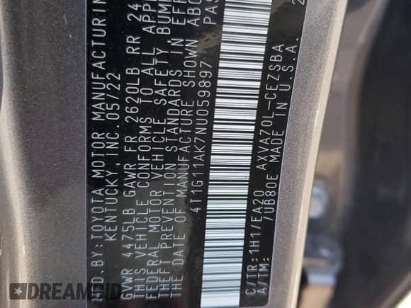 2022 Toyota Camry SE с VIN 4T1G11AK7NU059897, выставлен на аукционе Copart как лот 69868475 с пробегом 65 522 миль миль и Списание • Salvage title. История ставок и продаж доступна на DreamBid. Изображение 13.