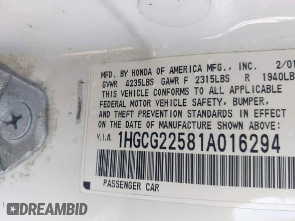 2001 Honda Accord EX с VIN 1HGCG22581A016294, выставлен на аукционе IAAI как лот 42651031 с пробегом 167 045 миль миль и . История ставок и продаж доступна на DreamBid. Изображение 9.