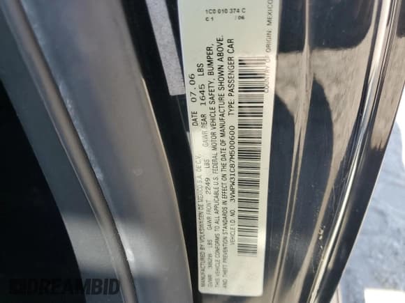 ✅ 2007 Volkswagen Beetle • VIN: 3VWPW31C87M500600 • Lot: 68745245. Listed on Copart with 115,082 mi. Free auction sales archive from the USA and detailed vehicle history report at DreamBid. Image 12.