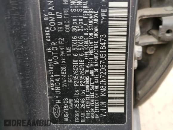 2007 Hyundai Tucson SE with VIN KM8JN72D57U518473, listed as a Copart auction lot 71998814 with 106,340 mi miles and Salvage title. Bid and sale history available at DreamBid. Image 15.