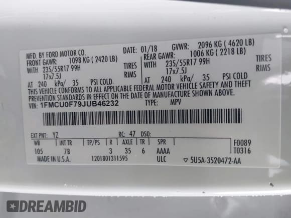 ✅ 2018 Ford Escape S • VIN: 1FMCU0F79JUB46232 • Lot: 42434765. Listed on IAAI with 40,327 mi. Free auction sales archive from the USA and detailed vehicle history report at DreamBid. Image 9.