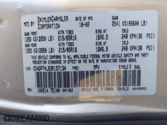 ✅ 2003 Dodge Caravan EX • VIN: 2D4GP74L83R157134 • Lot: 41698861. Listed on IAAI with 155,818 mi. Free auction sales archive from the USA and detailed vehicle history report at DreamBid. Image 9.