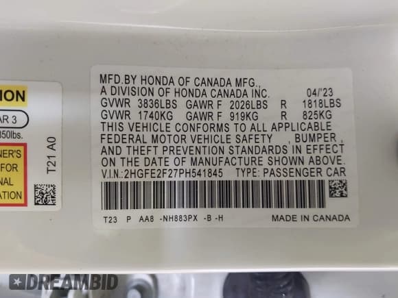 ✅ 2023 Honda Civic LX • VIN: 2HGFE2F27PH541845 • Lot: 43073300. Listed on IAAI with 69,699 mi. Free auction sales archive from the USA and detailed vehicle history report at DreamBid. Image 9.