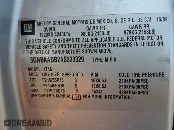2010 Chevrolet HHR LS with VIN 3GNBAADB2AS533329, listed as a Copart auction lot 69927794 with 85,272 mi miles and Salvage title. Bid and sale history available at DreamBid. Image 14.