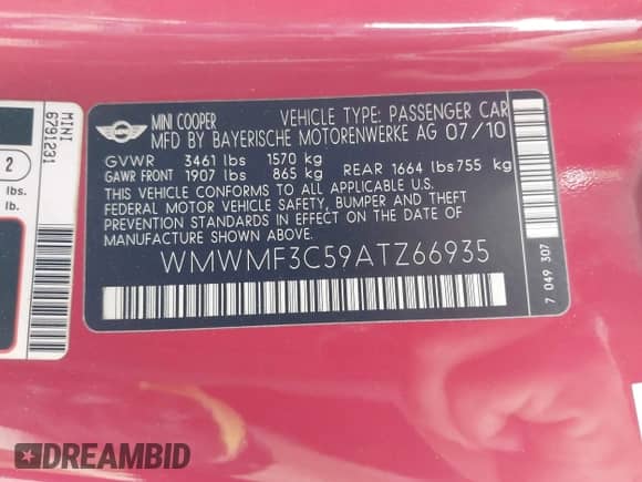 2010 MINI Hardtop with VIN WMWMF3C59ATZ66935, listed as a IAAI auction lot 42519507 with 132,334 mi miles and . Bid and sale history available at DreamBid. Image 9.