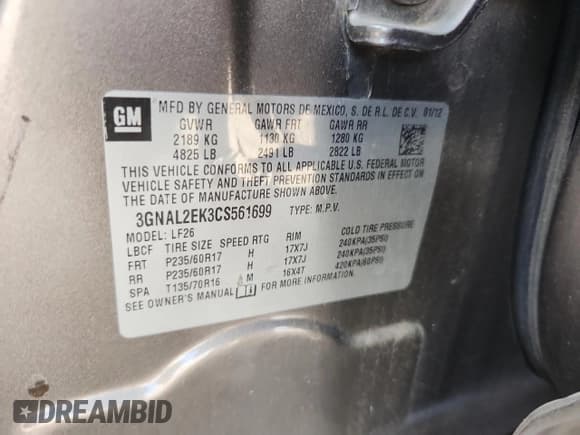 ✅ 2012 Chevrolet Captiva Sport LS • VIN: 3GNAL2EK3CS561699 • Lot: 61876795. Wystawiony na Copart z przebiegiem 129 163 mil. Bezpłatny archiwum sprzedaży aukcyjnych z USA i szczegółowy raport historii pojazdu na DreamBid. Zdjęcie 12.