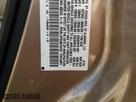 ✅ 2004 Honda Odyssey EX-L • VIN: 5FNRL18764B074729 • Lot: 66571035. Listed on Copart with 179,351 mi. Free auction sales archive from the USA and detailed vehicle history report at DreamBid. Image 13.