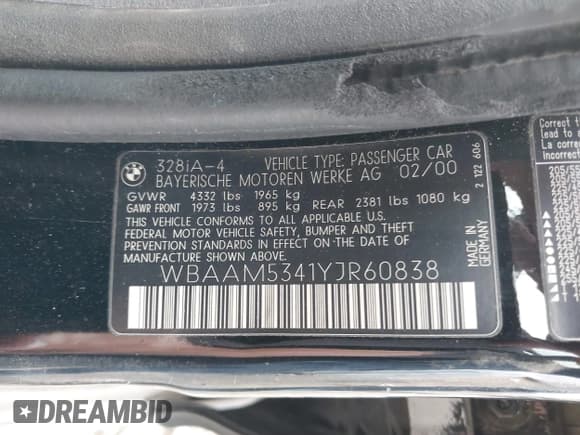 ✅ 2000 BMW 3 Series 328i • VIN: WBAAM5341YJR60838 • Лот: 42533180. Опубликован ранее на IAAI с пробегом 129 663 миль. Бесплатный доступ к архиву аукционных продаж из США и подробный отчёт об истории автомобиля на DreamBid. Изображение 9.