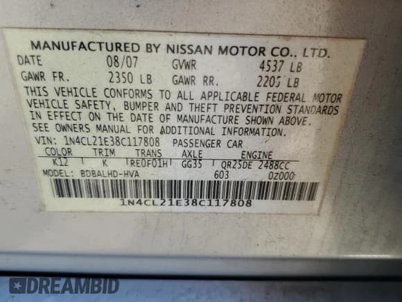 ✅ 2008 Nissan Altima • VIN: 1N4CL21E38C117808 • Лот: 89482015. Опубликован ранее на Copart с пробегом Не указан. Бесплатный доступ к архиву аукционных продаж из США и подробный отчёт об истории автомобиля на DreamBid. Изображение 12.