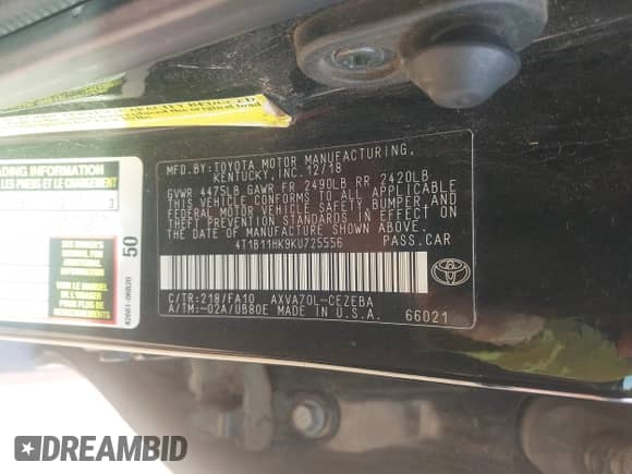 2019 Toyota Camry LE z VIN 4T1B11HK9KU725556, wystawiony jako IAAI lot #42922588 z przebiegiem 138 969 mil mil oraz . Historia ofert i sprzedaży dostępna na DreamBid. Obrazek 9.