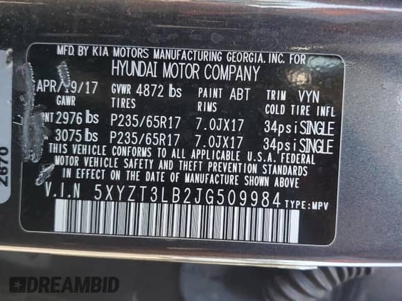 2018 Hyundai Santa Fe 2.4L with VIN 5XYZT3LB2JG509984, listed as a Copart auction lot 85510595 with 103,988 mi miles and Salvage title. Bid and sale history available at DreamBid. Image 14.