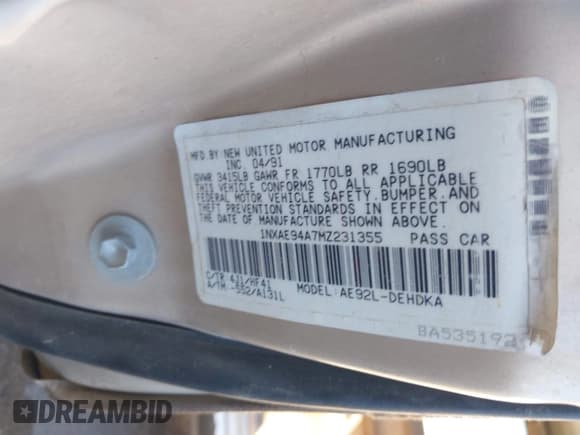 ✅ 1991 Toyota Corolla • VIN: 1NXAE94A7MZ231355 • Лот: 43000579. Опубликован ранее на IAAI с пробегом 119 926 миль. Бесплатный доступ к архиву аукционных продаж из США и подробный отчёт об истории автомобиля на DreamBid. Изображение 9.