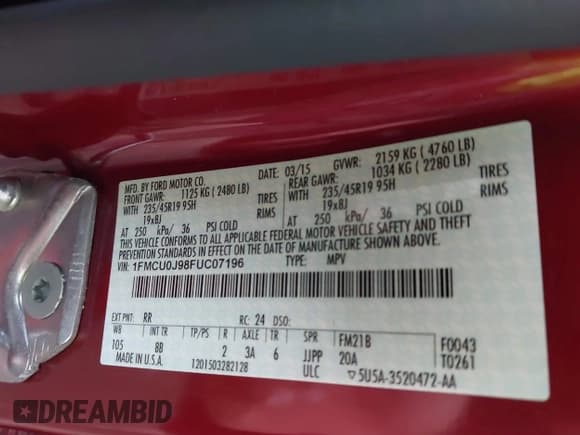 ✅ 2015 Ford Escape Titanium • VIN: 1FMCU0J98FUC07196 • Lot: 41930660. Listed on IAAI with 51,161 mi. Free auction sales archive from the USA and detailed vehicle history report at DreamBid. Image 9.