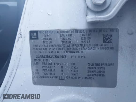 ✅ 2012 Chevrolet Captiva Sport LS • VIN: 3GNAL2EK7CS570423 • Lot: 41314648. Wystawiony na IAAI z przebiegiem 148 636 mil. Bezpłatny archiwum sprzedaży aukcyjnych z USA i szczegółowy raport historii pojazdu na DreamBid. Zdjęcie 9.
