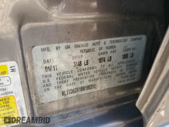 ✅ 2011 Chevrolet Aveo 1LT • VIN: KL1TD6DE1BB195311 • Lot: 48701335. Wystawiony na Copart z przebiegiem 112 202 mil. Bezpłatny archiwum sprzedaży aukcyjnych z USA i szczegółowy raport historii pojazdu na DreamBid. Zdjęcie 12.