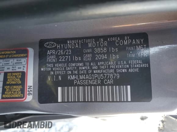 ✅ 2023 Hyundai Elantra SEL • VIN: KMHLM4AG1PU577879 • Lot: 87232585. Listed on Copart with Not provided. Free auction sales archive from the USA and detailed vehicle history report at DreamBid. Image 12.