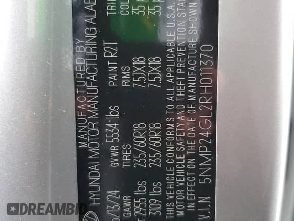 2024 Hyundai Santa Fe SEL с VIN 5NMP24GL2RH011370, выставлен на аукционе Copart как лот 47208125 с пробегом 14 075 миль миль и На запчасти • Non repairable. История ставок и продаж доступна на DreamBid. Изображение 13.