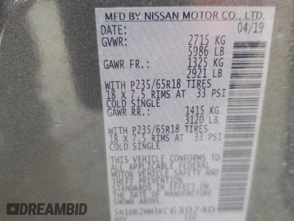 ✅ 2019 Nissan Pathfinder S • VIN: 5N1DR2MM3KC630740 • Lot: 85957735. Listed on Copart with 170,492 mi. Free auction sales archive from the USA and detailed vehicle history report at DreamBid. Image 13.