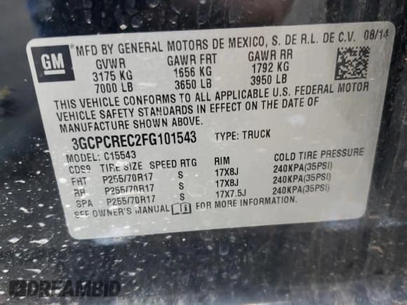 ✅ 2015 Chevrolet Silverado 1500 LT • VIN: 3GCPCREC2FG101543 • Lot: 59403795. Listed on Copart with 106,205 mi. Free auction sales archive from the USA and detailed vehicle history report at DreamBid. Image 12.