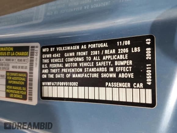 ✅ 2009 Volkswagen Eos Lux • VIN: WVWFA71F09V019392 • Lot: 43762075. Listed on Copart with 126,791 mi. Free auction sales archive from the USA and detailed vehicle history report at DreamBid. Image 13.