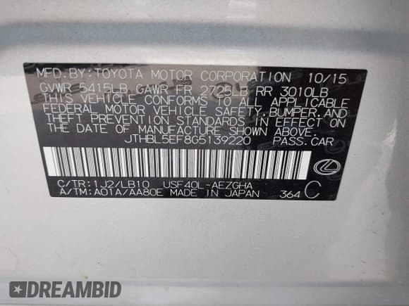 ✅ 2016 Lexus LS 460 • VIN: JTHBL5EF8G5139220 • Lot: 42291165. Listed on IAAI with 139,809 mi. Free auction sales archive from the USA and detailed vehicle history report at DreamBid. Image 9.