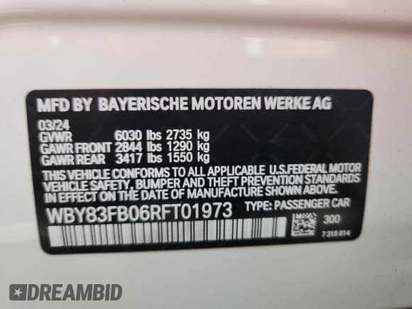 ✅ 2024 BMW i4 xDrive40 • VIN: WBY83FB06RFT01973 • Лот: 70804905. Опубликован ранее на Copart с пробегом Не указан. Бесплатный доступ к архиву аукционных продаж из США и подробный отчёт об истории автомобиля на DreamBid. Изображение 12.