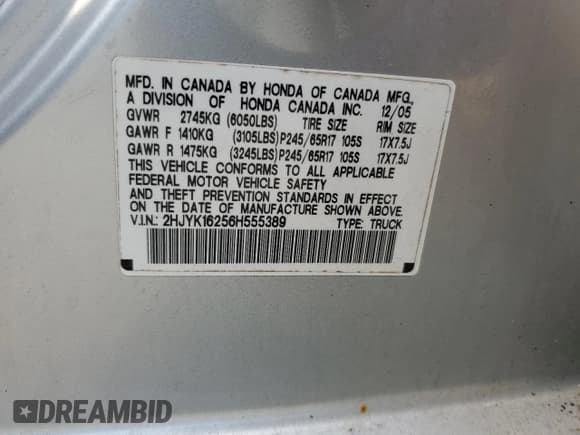 ✅ 2006 Honda Ridgeline RT • VIN: 2HJYK16256H555389 • Lot: 91973385. Wystawiony na Copart z przebiegiem 437 651 mil. Bezpłatny archiwum sprzedaży aukcyjnych z USA i szczegółowy raport historii pojazdu na DreamBid. Zdjęcie 12.