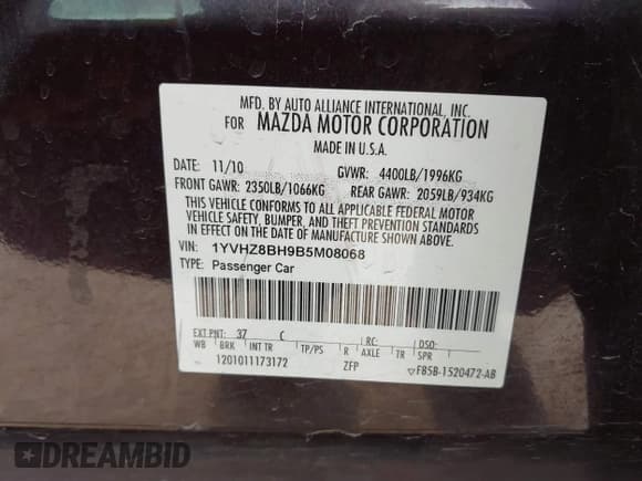 ✅ 2011 Mazda 6 i Sport • VIN: 1YVHZ8BH9B5M08068 • Lot: 43776284. Listed on IAAI with 229,524 mi. Free auction sales archive from the USA and detailed vehicle history report at DreamBid. Image 9.