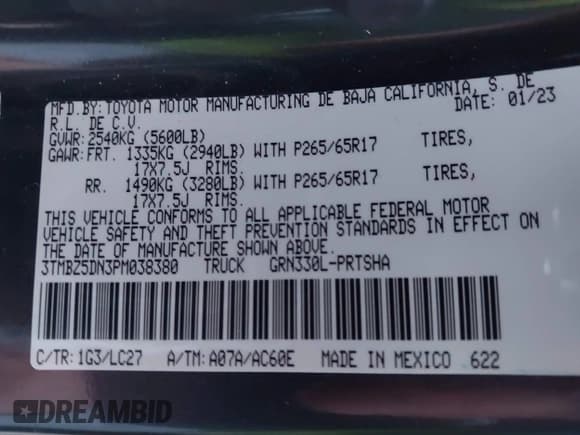 ✅ 2023 Toyota Tacoma SR5 • VIN: 3TMBZ5DN3PM038380 • Lot: 43543877. Listed on IAAI with 22,417 mi. Free auction sales archive from the USA and detailed vehicle history report at DreamBid. Image 9.