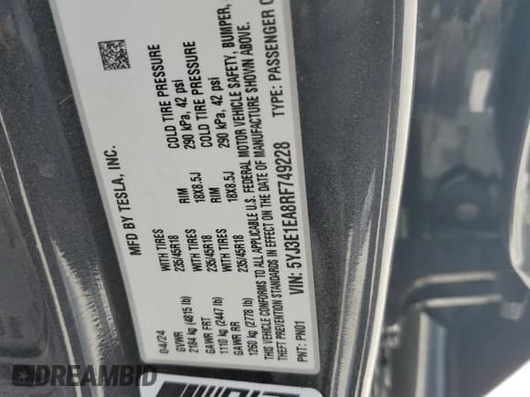 ✅ 2024 Tesla Model 3 • VIN: 5YJ3E1EA8RF749228 • Lot: 54073925. Wystawiony na Copart z przebiegiem 5 369 mil. Bezpłatny archiwum sprzedaży aukcyjnych z USA i szczegółowy raport historii pojazdu na DreamBid. Zdjęcie 12.