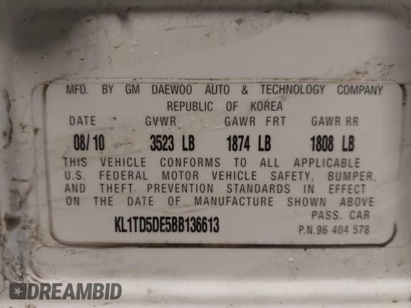 ✅ 2011 Chevrolet Aveo 1LT • VIN: KL1TD5DE5BB136613 • Lot: 41145635. Wystawiony na IAAI z przebiegiem 126 798 mil. Bezpłatny archiwum sprzedaży aukcyjnych z USA i szczegółowy raport historii pojazdu na DreamBid. Zdjęcie 9.