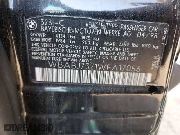 1998 BMW 3 Series 323i z VIN WBABJ7321WEA17056, wystawiony jako Copart lot #75431624 z przebiegiem 189 710 mil mil oraz Szkoda całkowita • Salvage title. Historia ofert i sprzedaży dostępna na DreamBid. Obrazek 13.
