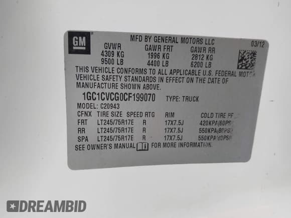 ✅ 2012 Chevrolet Silverado 2500HD Work Truck • VIN: 1GC1CVCG0CF199070 • Lot: 43769088. Listed on IAAI with 130,789 mi. Free auction sales archive from the USA and detailed vehicle history report at DreamBid. Image 9.