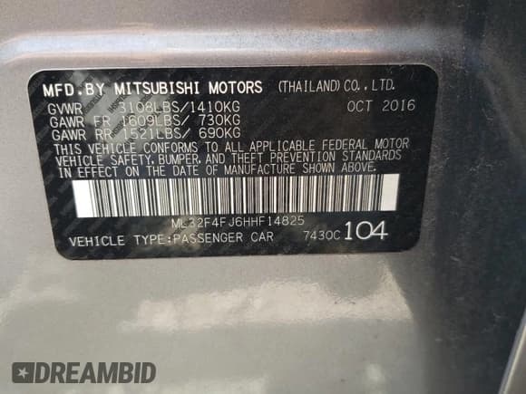 ✅ 2017 Mitsubishi Mirage SE • VIN: ML32F4FJ6HHF14825 • Lot: 71967735. Listed on Copart with 36,875 mi. Free auction sales archive from the USA and detailed vehicle history report at DreamBid. Image 13.
