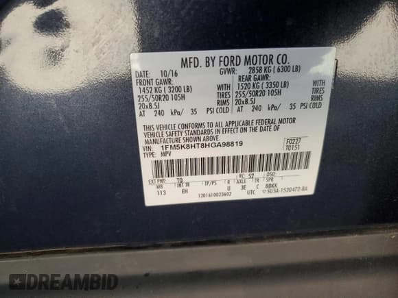 ✅ 2017 Ford Explorer Platinum • VIN: 1FM5K8HT8HGA98819 • Lot: 85311615. Wystawiony na Copart z przebiegiem 165 747 mil. Bezpłatny archiwum sprzedaży aukcyjnych z USA i szczegółowy raport historii pojazdu na DreamBid. Zdjęcie 12.