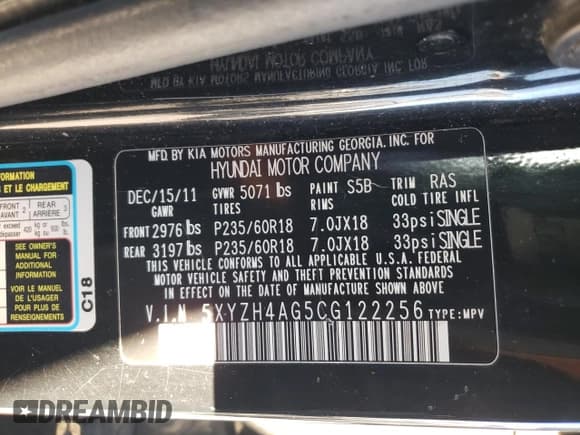 ✅ 2012 Hyundai Santa Fe SE • VIN: 5XYZH4AG5CG122256 • Lot: 80942864. Listed on Copart with 191,971 mi. Free auction sales archive from the USA and detailed vehicle history report at DreamBid. Image 13.